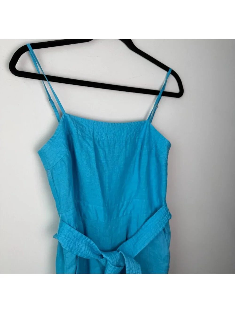 J. Crew Tie Waist 100% Linen Wide Leg Cropped Jumpsuit Blue Sz 2 Preppy Coastal